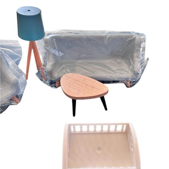 Miniature Dollhouse Living Room Furniture 8PC Blue Natural Wood Collector Mini - Picture 3 of 4